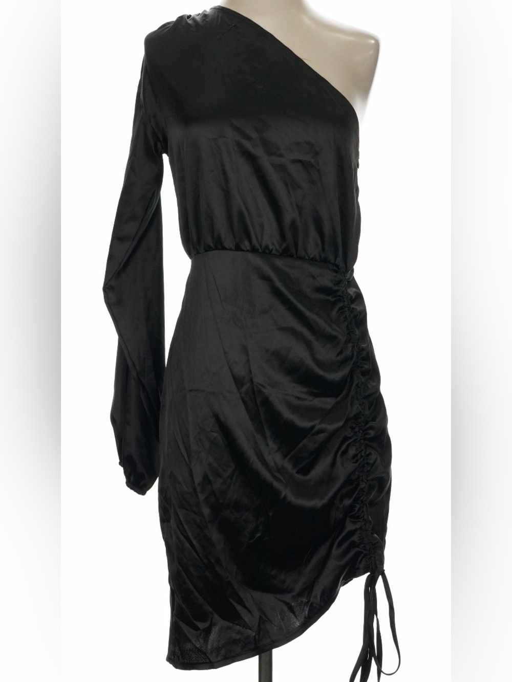 Pretty Little Thing Black Satin One Sleeve Asymmetrical Dress Size 10